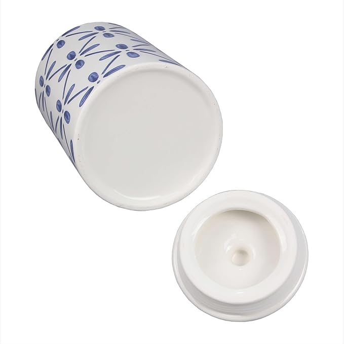 Young's Inc. 4 Pcs Set Cylindrical Ceramic Canisters- Storage Container for Kitchen and Bathroom - Beautiful Home Decor Accent to Store Food, Coffee, Tea, and More - White, Blue-Ruum Studio Home