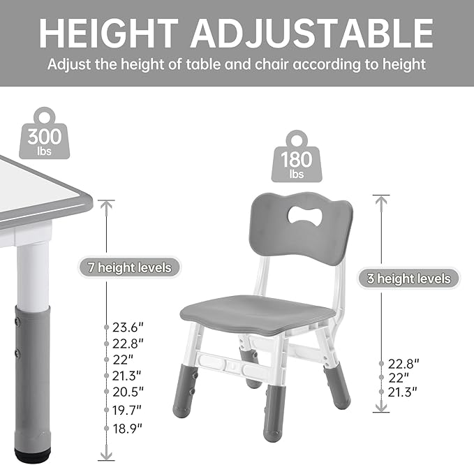 Kids Study Table and Chairs Set, Height Adjustable Toddler Table and Chair Set for Kids Ages 3-8, Graffiti Desktop (Grey)-Ruum Studio Home