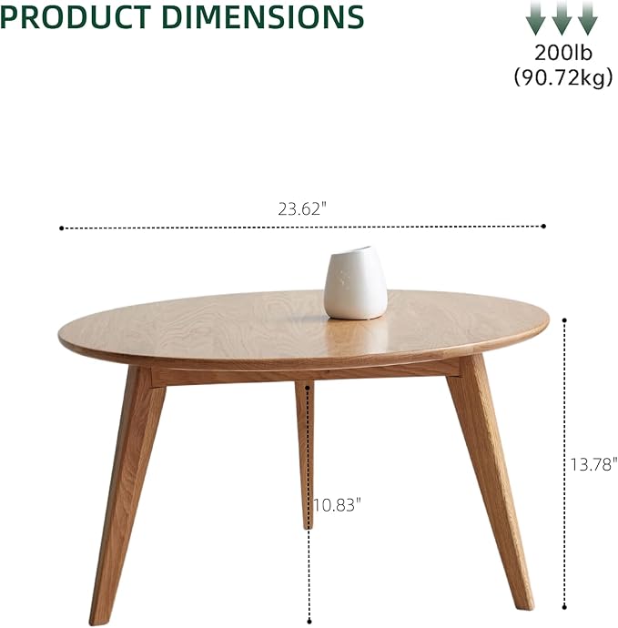 100% Solid Oak Wood Mini Coffee Table, Round Living Room Table Side Table w/Solid Wood Legs, Walnut Mid Century Sturdy Tables for Bedroom Balcony Living Room (23.62" D x 13.78" H)-Ruum Studio Home