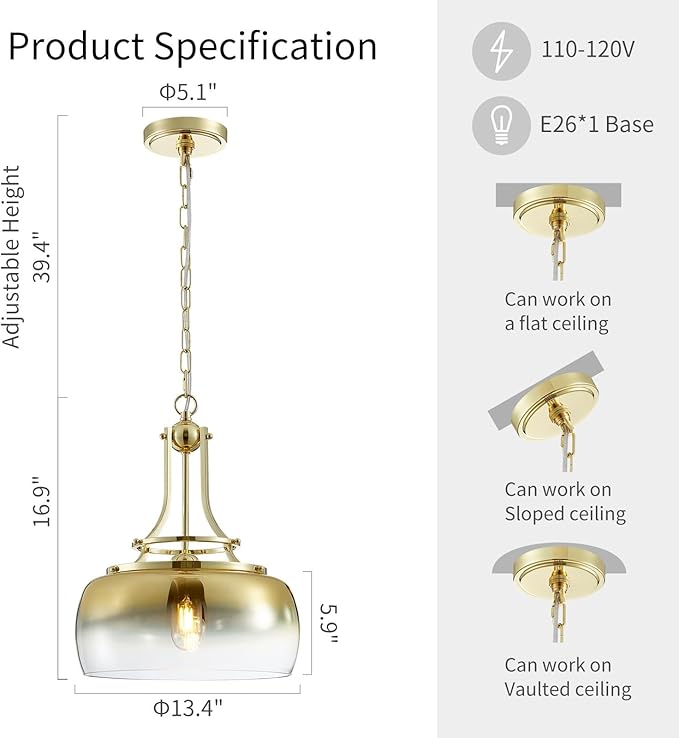 WUZUPS Gold Chandelier Rustic Farmhouse Industrial Round Ceiling Pendant LED Light Fixture with Gradient Glass Shade for Dining Room Kitchen Island Foyer Entryway, H 17" W 13.4", E26 Base-Ruum Studio Home