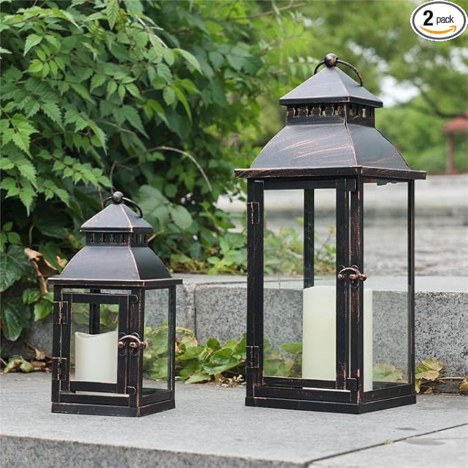NEEDOMO Lanterns Decorative Outdoor&Indoor, Set of 2 Large Bronze Metal Lantern Decor with Glass, Candle Holder for Porch, Patio, Garden, Balcony, Wedding, Table Centerpiece Decorations-Ruum Studio Home
