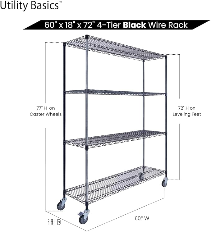 60"x18"x72" Black Premium Metal Steel Wire Shelving 4-Tier NSF 3200 LBS MAX Capacity Heavy Duty Storage Rack for Garages, Commercial Spaces, Hospitals, & Schools w/Premium Wheels-Ruum Studio Home