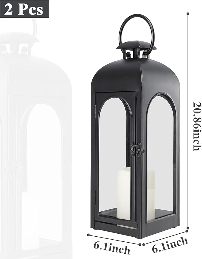 Bdor 2 Pack 20 Inches Metal and Tempered Glass Decorative Lantern with Electronic Wax Effect - Indoor/Outdoor Decorative Lighting, Handcrafted Aesthetic, Perfect for Home, Parties, and Holiday Decor-Ruum Studio Home