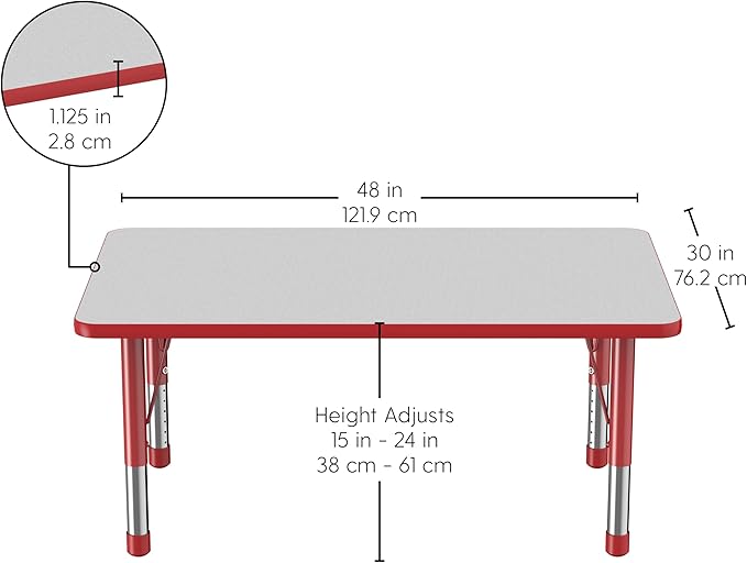 FDP Rectangle Activity School and Classroom Kids Table (30 x 48 inch), Chunky Toddler Legs, Adjustable Height 15-24 inches - Gray Top and Red Edge-Ruum Studio Home