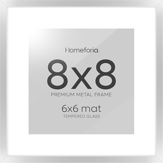 Homeforia 8x8 Silver Picture Frame, High End Metal 8 x 8 Square Frames with Mat 6 by 6 Photo, 8x8 Brass Frame Matted to 6x6 inch Print, 8by8 Wall or Tabletop Frames, Tempered Glass, Wall Kit, Set of 1-Ruum Studio Home
