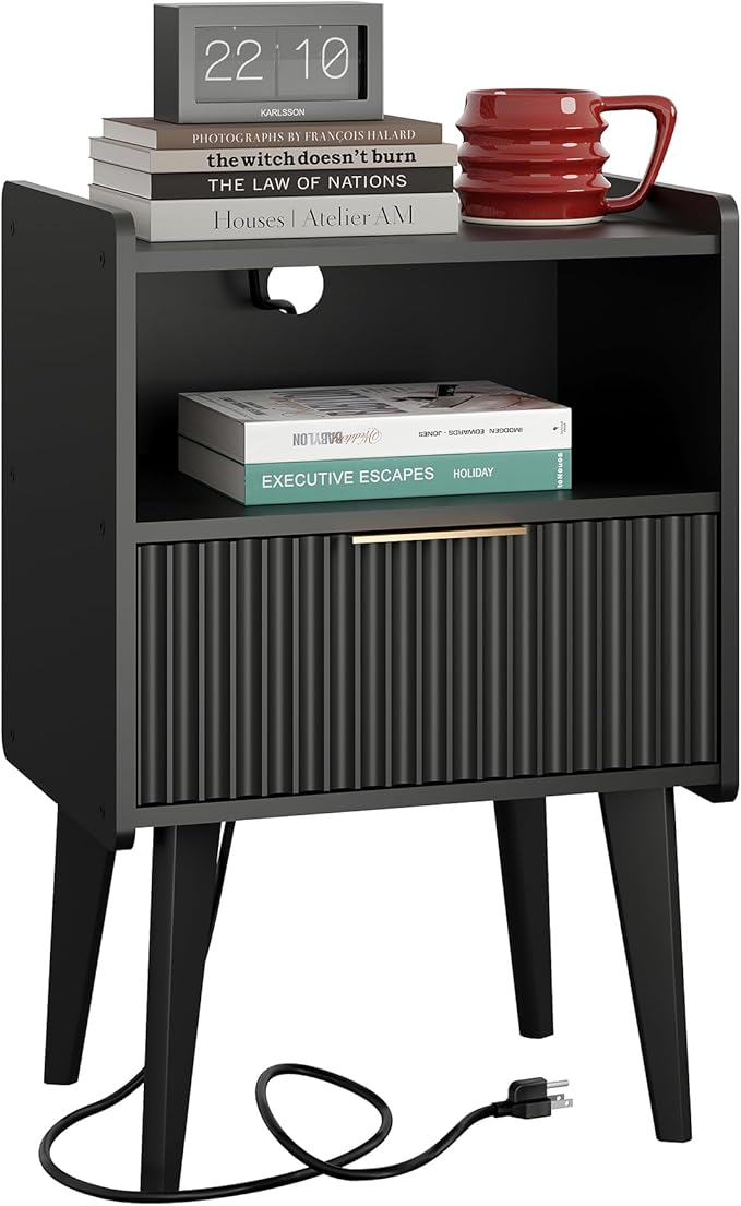 Fluted Nightstand with Charging Station, Modern Bedside Table with Drawer,Black Nightstand with Solid Wood Legs, End Table,Side Table for Living Room,Bedroom Black CTG57BKE-Ruum Studio Home