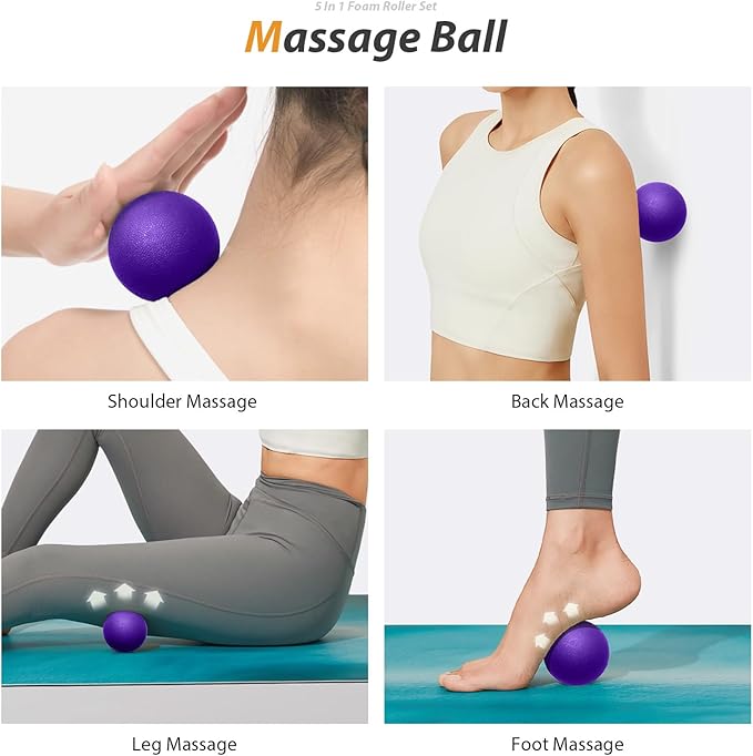 5 in 1 Foam Roller Set for Deep Tissue Muscle Massage, High Density Trigger Point Fitness Patented Exercise Foam Roller, Massage Roller, Massage Ball, Resistance Band, for Whole Body(Purple)-Ruum Studio Home