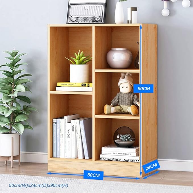 IOTXY Open Shelf Low Bookcase - Wooden 3-Tier Floor Standing Display Cabinet Organizer with Base, 5 Cubes Short Horizontal Bookshelf in Pear Yellow-Ruum Studio Home