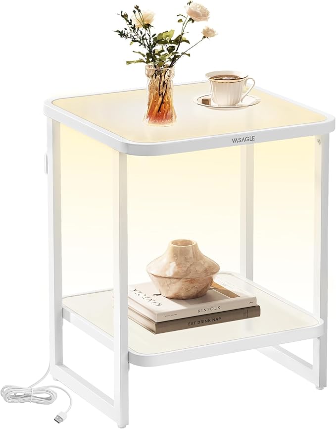 VASAGLE End Table, 2-Tier Side Table with LED Lights, Modern Nightstand, Square Bedside Table, Frosted Glass, Bottom Shelf, for Bedroom, Cloud White and Pearl White ULET232W01-Ruum Studio Home