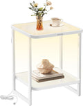 VASAGLE End Table, 2-Tier Side Table with LED Lights, Modern Nightstand, Square Bedside Table, Frosted Glass, Bottom Shelf, for Bedroom, Cloud White and Pearl White ULET232W01-Ruum Studio Home