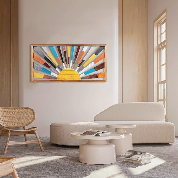 IARTTOP Large Boho Sun Wall Art Framed Wooden Art Wall Decor Rainbow Sun Rising On The Horizon Geometric Line Sunshine Wall Art for Living Room Bedroom Office 16"x32"-Ruum Studio Home