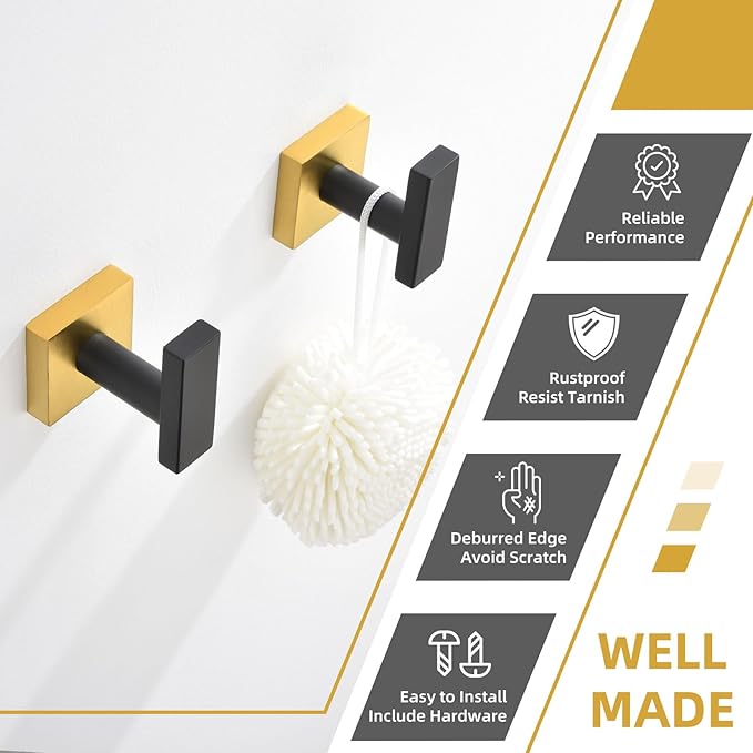 Angle Simple Bathroom Towel Hook 2 Pack, SUS 304 Stainless Steel Bath Robe Coat Holder Wall Mounted, Black & Gold-Ruum Studio Home