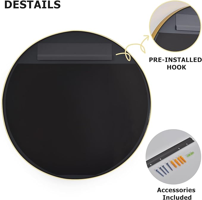 24 Inch Round Bathroom Mirror - Wall Mounted Circle Mirror with Metal Frame, Modern Mirror Suitable for Bathroom, Vanity, Entryway, Living Room, Wall Decor,Gold-Ruum Studio Home