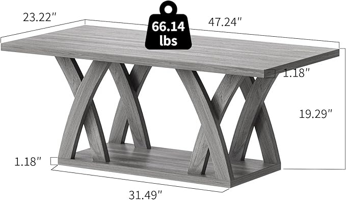47” Wood Coffee Tables for Living Room Rustic Stands with Storage Shelf Grey Coffee Tables for Living Room Farmhouse Center Stands with Shelf Farmhouse Rectangle Center Table-Ruum Studio Home