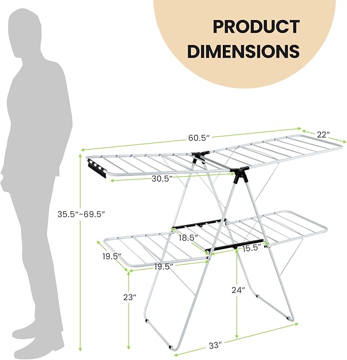 COSTWAY Clothes Drying Rack, Foldable 2-Level Laundry Drying Rack w/Height-Adjustable Wings, 33 Drying Rails & Sock Clips, Standing Large Drying Rack for Clothing, Indoor Outdoor Use-Ruum Studio Home