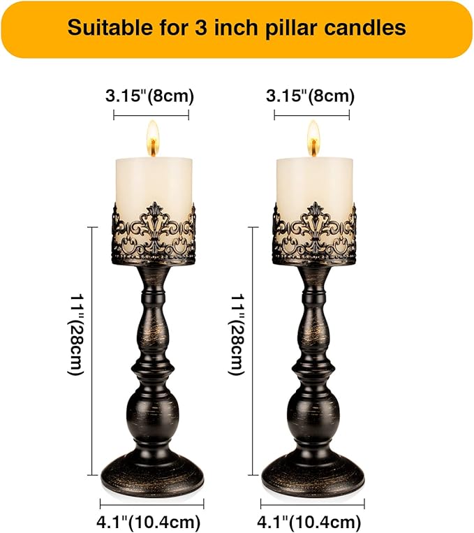 Candle Holders for Pillar Candles Gothic Matte Black Vintage Tall Candle Holders Set of 2 Decorative Large Table Centerpieces Candle Stand Decor (Distressed Black 2PCS A)-Ruum Studio Home