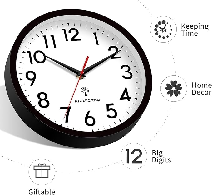 Atomic Wall Clock Analog 14 Inch Battery Operated Modern Decorative for Living Room Kitchen Office Bedroom Bathroom(Black)-Ruum Studio Home