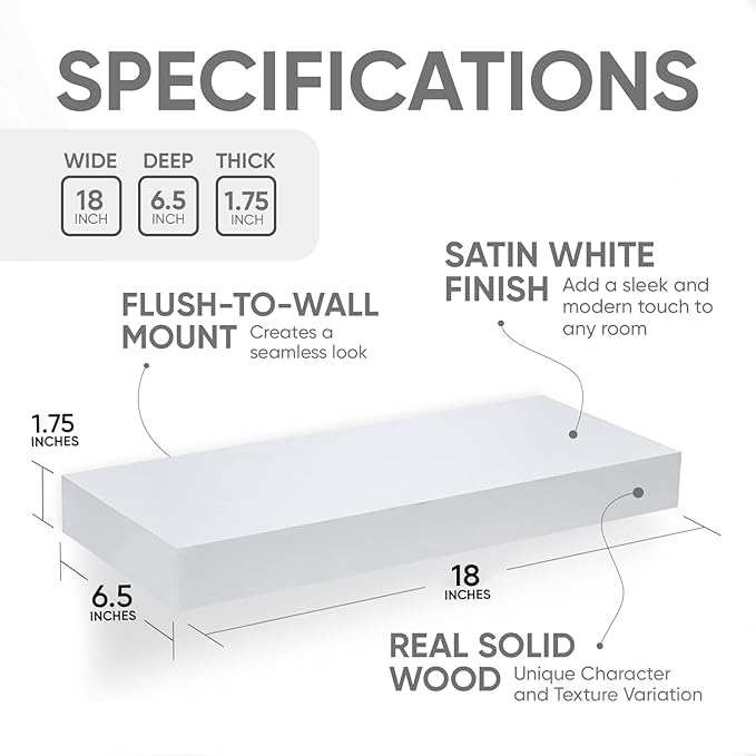 Homeforia White Floating Shelf 18 inch, High End Solid Real Wood 18inch Bathroom Floating Shelves for Wall Mounted, White Wooden 18in Floating Shelves, Heavy Duty Bracket, 18 X 6.5 X 1.75 in, Set of 3-Ruum Studio Home