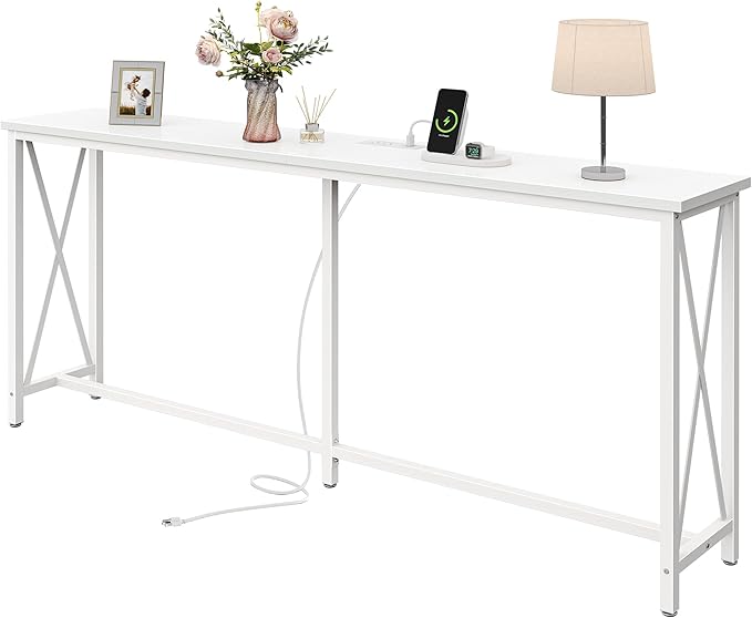 SUPERJARE 70 Inch Console Table with Outlets and USB-C Port, Extra Long Behind Couch Sofa Table with X-Shaped Design, Narrow for Entryway, Living Room, Metal Frame, Wooden Top, White-Ruum Studio Home