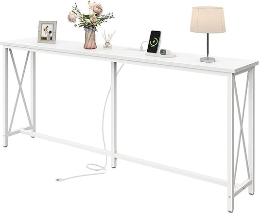 SUPERJARE 70 Inch Console Table with Outlets and USB-C Port, Extra Long Behind Couch Sofa Table with X-Shaped Design, Narrow for Entryway, Living Room, Metal Frame, Wooden Top, White-Ruum Studio Home