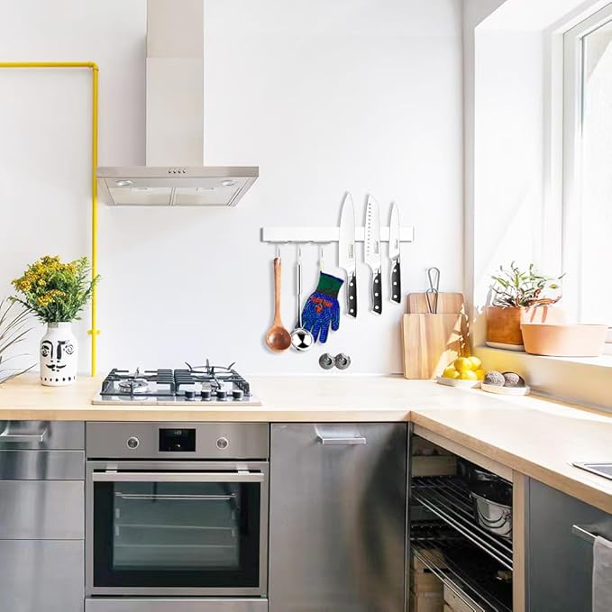 17.5" Magnetic Knife Holder for Wall with Hooks - No Drill Adhesive Mount - 304 Stainless Steel Knife Magnetic Strip-Ruum Studio Home