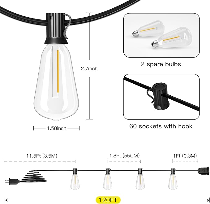 OHLUX 120FT Outdoor String Lights, 62 ST38 Edison LED Bulbs, E12 Base, 2200K Cafe Warm Color, Max.Connectable 14 Strands, Anti-Fall & Waterproof, Dimmable, Hanging for Outside Patio Backyard Bistros-Ruum Studio Home