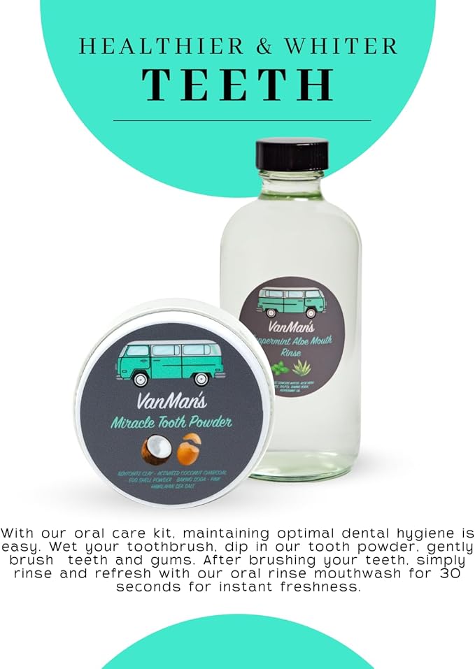 Vanman's - Oral Mouth Care Kit with Powder Toothpaste (2.5 Ounce) and Oral Rinse Mouthwash (8 Ounce) - Aloe, Mint Remineralizing Mouthwash and Tooth Powder with Coconut Charcoal, Egg Shell-Ruum Studio Home