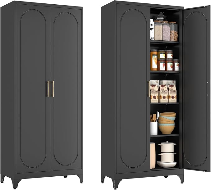 Pantry Cabinet, 75 Inch Tall Kitchen Storage Cabinet, Metal Pantry Cabinets with Doors and Adjustable Shelves, Black Freestanding Food Cupboard for Living, Dinning Room-Assembly Required-Ruum Studio Home