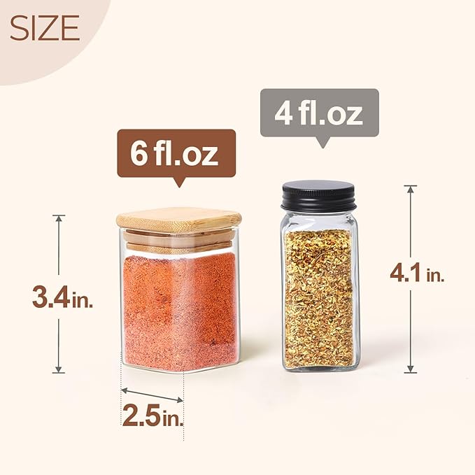 ComSaf 6Pcs 6 oz Spice Jars with Label Trial Set, Glass Spice Jars with Bamboo Lids Supplementary Set, Seasoning Container Trial Pack, Perfect for Ktichen Starter-Ruum Studio Home