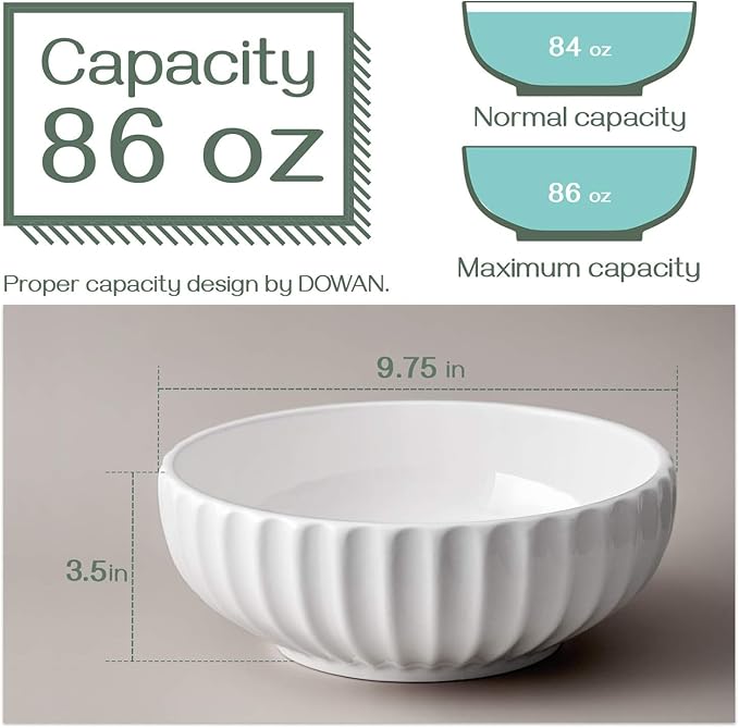 DOWAN 9.8'' Serving Bowls, 86 oz White Serving Platters, Large Ceramic Serving Dishes, Fruit Bowl, Set of 2, for Entertaining, Party, Kitchen, Dinner, Banquet, Housewarming Gift, Soft White-Ruum Studio Home