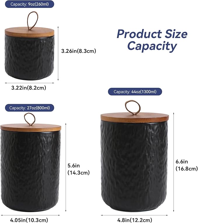 Kitchen Canisters for Countertop, Ceramic Coffee Canisters with Airtight Lids Food Storage Jars Sugar Container for Kitchen Counter Tea, Coffee Beans, Spice (#001Black-Set of 3)-Ruum Studio Home