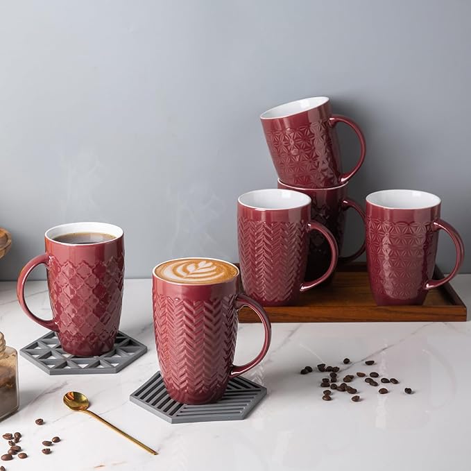 AmorArc Extra Large Coffee Mugs Set of 6, 20oz Ceramic Tall Coffee Mugs with Textured Geometric Patterns for Latte/Tea/Beer/Hot Cocoa, Dishwasher & Microwave Safe, Burgundy-Ruum Studio Home