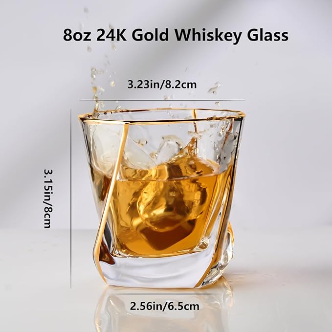 Crystal Whiskey Glasses Set of 2 with 24K Gold Rim,Bar Glasses,Twisted Whiskey Glass Gold Collection for Bourbon,Scotch and Wine,Rock Barware for Men Gift - 8oz-Ruum Studio Home
