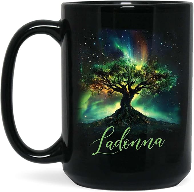 Custom Unique Name Coffee Cup, Customized Mystical Nature Inspired Mug 11oz 15oz, Personalized Enchanted Tree With Northern Lights Ceramic Cup, Nature Black Mug, Gift For Women Men-Ruum Studio Home