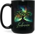 Custom Unique Name Coffee Cup, Customized Mystical Nature Inspired Mug 11oz 15oz, Personalized Enchanted Tree With Northern Lights Ceramic Cup, Nature Black Mug, Gift For Women Men-Ruum Studio Home