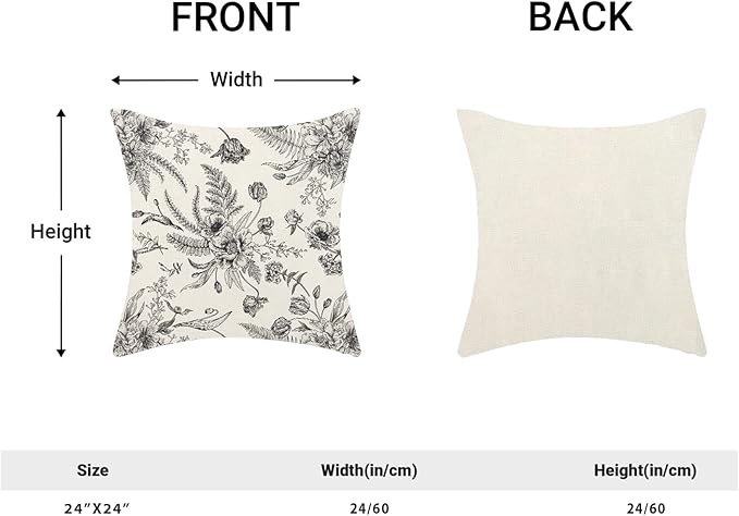 CXMEIFLY Spring Floral Leaves Pillow Covers 24 x 24 Inch Set of 2 for Chinoiserie Flowers Decor Throw Pillows Black and White Seasonal Plant Outdoor Decorative Cushion Cases for Couch Bed Decorations-Ruum Studio Home