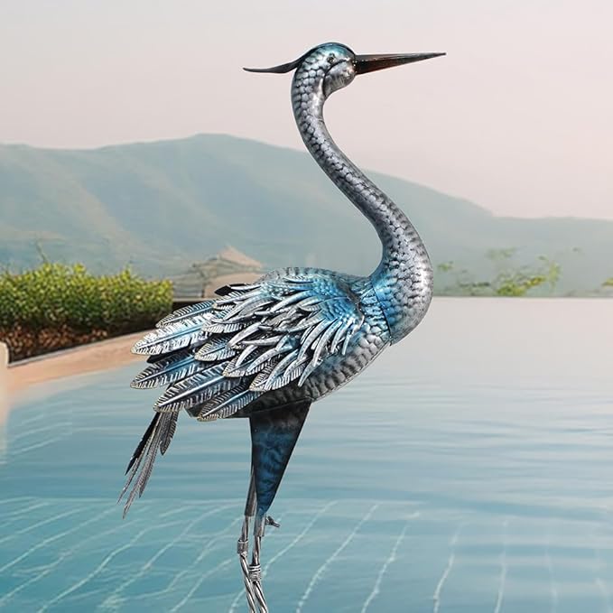 Crane Outdoor Decor Statue, Blue Heron Garden Statue Metal Yard Art Outdoor Decoy, Garden Sculptures & Statues for Yard/Lawn/Pond/Outdoor Decoration, 1Pc-Ruum Studio Home