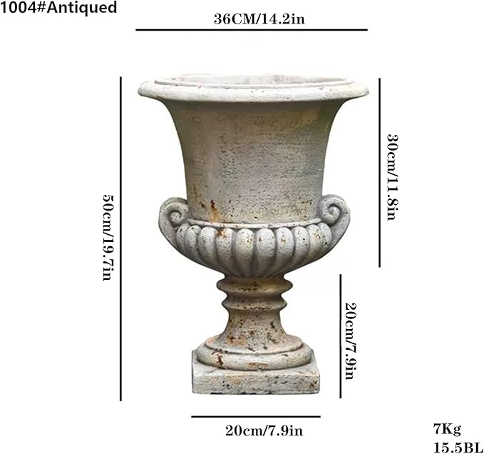 Vintage European Garden Urn Planter, Decorative Cement and Fiber Flower Pot, Make Antiqued Finished, H=19.7in, Wrap Foam Safely Delivered from Local Warehouse (Antiqued, Medium)-Ruum Studio Home
