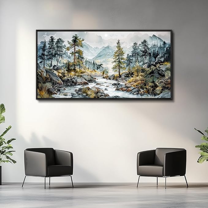 PHAOHUAXM Large Canvas Printing Artworks Wall Art For Bedroom Wall Decor For Living Room Office Home Decor Rivulet View Painting Forest Tree Landscape Watercolour Pictures Black Framed 30x60 In-Ruum Studio Home