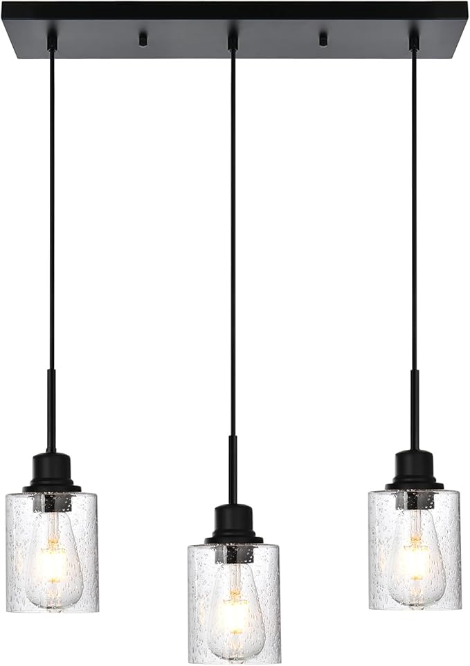 Modern 3-Light Pendant Island Light Fixture Black Ceiling Hanging Lights with Clear Seeded Glass and Adjustable Cord,Industrial Pendant Lighting for Kitchen Living Room Dining Room Foyer-Ruum Studio Home