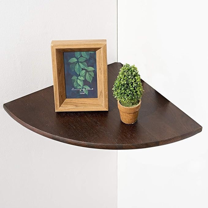 Corner Shelf,12inch Walnut Solid Wood Floating Corner Shelves Wall Mount Round End Floating Speaker Rack with Wire Hole for Small Plant for Bedroom Kitchen-Ruum Studio Home