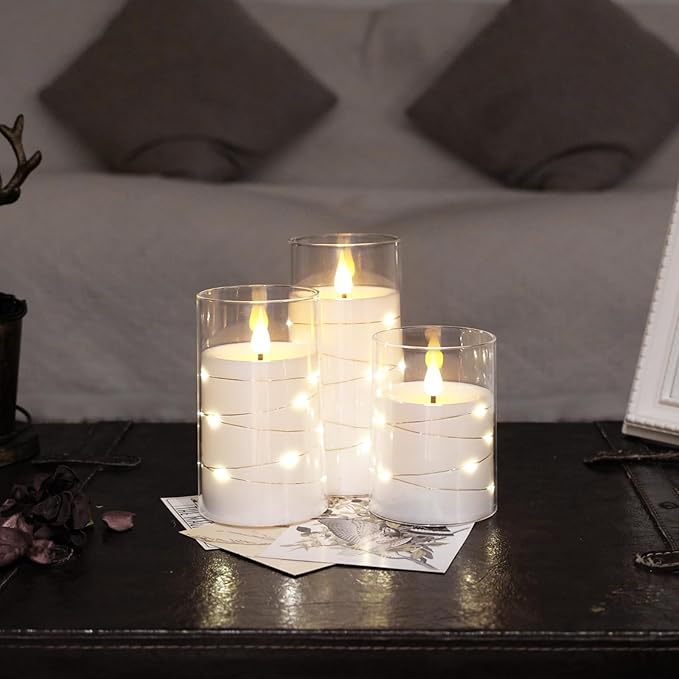 NURADA Flickering Flameless Candles: Built-in Star String Lights Acrylic 3D Wick Battery Operated LED Pillar Candles with Remote and Timer for Romantic Mood Home Decoration - 3 Pack Pure White-Ruum Studio Home