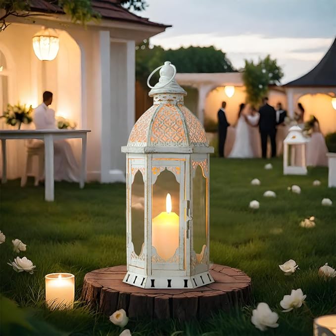 JHY DESIGN Decorative Candle Lantern 15''H Vintage Metal Candle Holder for Garden Living Room Indoor Outdoor Parties Weddings Patio(White with Gold Brush)-Ruum Studio Home