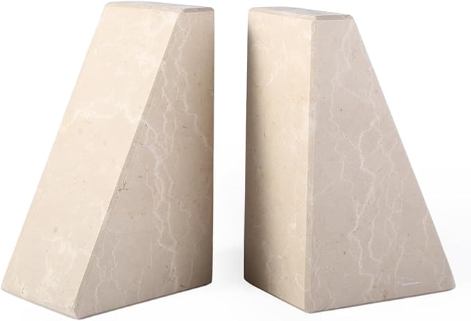 Marble Bookends for Heavy Books, Decorative Book Ends for Shelves, Durable and Heavy-Duty Stone Bookends for Hardback Book & CDS, Unique Book Stopper & Holder, New Jura Beige-Vein, Set of 2-Ruum Studio Home