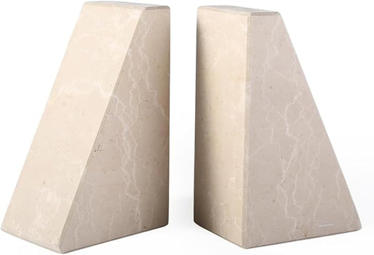Marble Bookends for Heavy Books, Decorative Book Ends for Shelves, Durable and Heavy-Duty Stone Bookends for Hardback Book & CDS, Unique Book Stopper & Holder, New Jura Beige-Vein, Set of 2-Ruum Studio Home