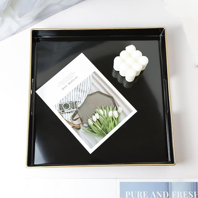 Spsyrine Black Decorative Tray for Living Room, Square Modern Plastic Coffee Serving Table Tray for Ottoman Bathroom Kitchen, 13"*13"-Ruum Studio Home
