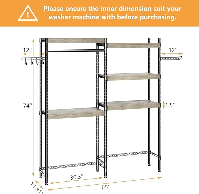 CABIHOME 5-Tier Over-The-Washer Shelf - Adjustable Height Laundry Organizer Space Saver, Double-Layer 100lb Shelves, 2 Hooks for Bathroom/Balcony (Grey & Black)-Ruum Studio Home