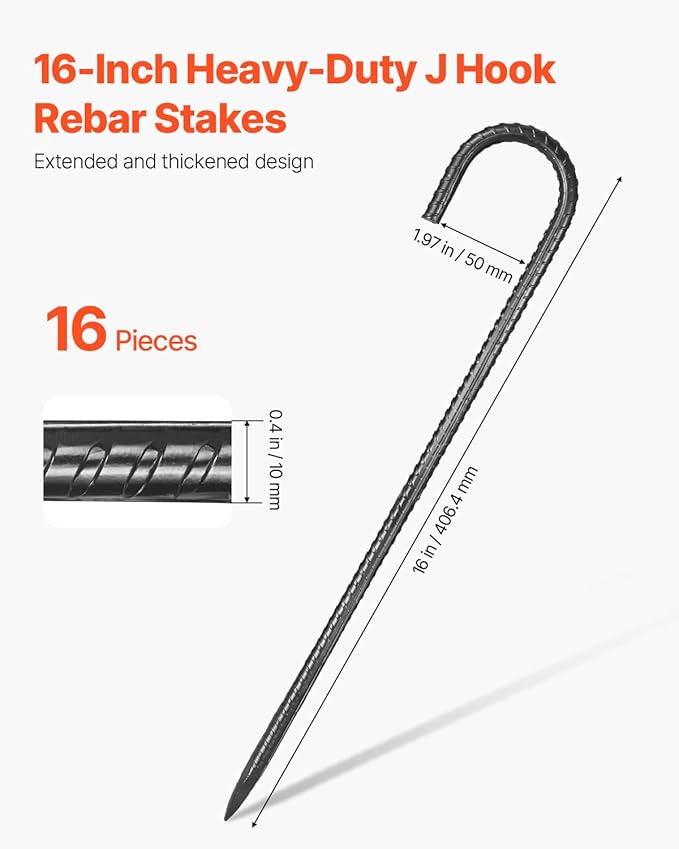 VEVOR Rebar Stakes, 16-Inch, Heavy-Duty 0.4 in Diameter J Hook, Galvanized Steel Ground Anchors with Chisel Point End & Rust-Resistant Coating, for Gardening Support, Fence, Camping Tents (16-Pack)-Ruum Studio Home