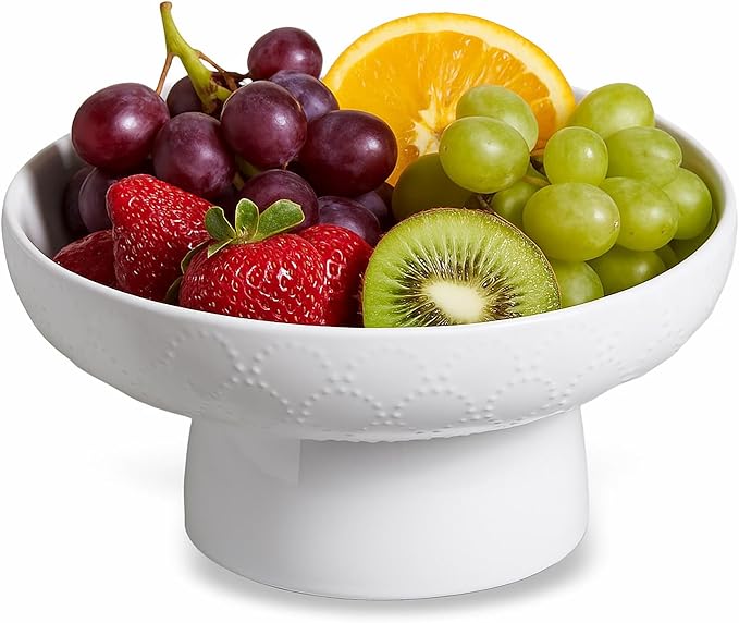 ONEMORE Ceramic Fruit Bowl, 10" Large White Removable Pedestal Bowl for Kitchen Counter, Modern Footed Fruit Bowl with Draining Holes, Decorative Fruit Bowls for Vegetables, Snacks, Candies-Ruum Studio Home