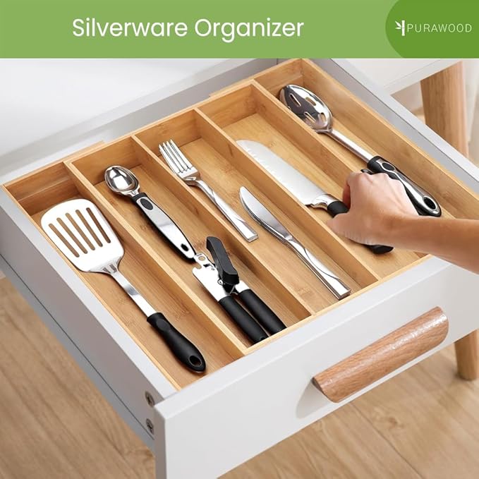 Purawood Kitchen Drawer Organizer - Expandable Utensil Drawer Organizer for Kitchen, Cutlery Tray & Silverware Organizer, 3-5 Slots - Bamboo Organizer for Utensils & Flatware (Natural)-Ruum Studio Home